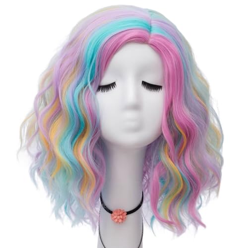 NiceLisa Frauen 16 Zoll Mittellanges Seitenteil Bunte Curly Wave Tägliche Halloween Cosplay Perücke for Erwachsene von NiceLisa