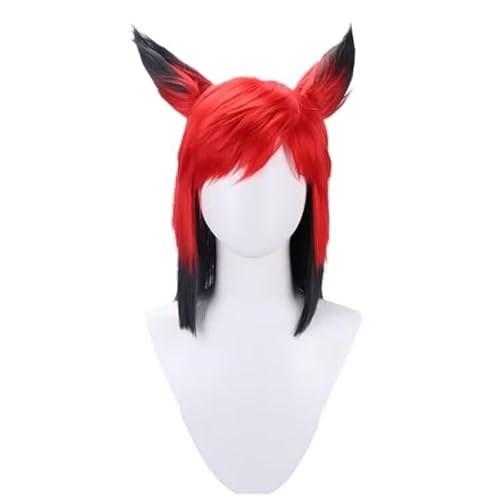NiceLisa Rot Schwarz Mixed Schulter Länge Perücke mit 2-Ohren Anime Rollenspiel Hazbin Hotel Alastor Cosplay Perücken von NiceLisa