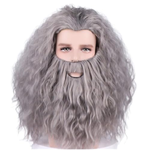 NiceLisa Santa Claus Old Man Zauberer Bartperücken Set Grau Wellige Lockige Schneemann Monster Gorilla Krieger Weihnachten Cosplay Perücke von NiceLisa