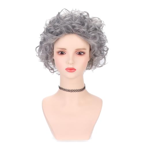 NiceLisa Wigs Weihnachtsfrau 100 Tag der Schule Oma Alte Dame Rollenspiel Perücke Locken Grau Weiß Frauen Halloween Party Cosplay Perücke von NiceLisa