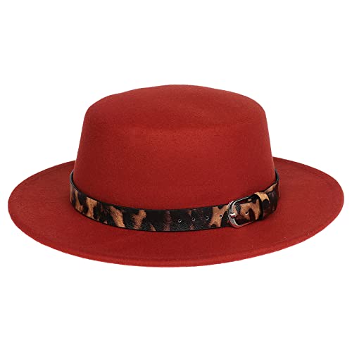 NiceYnn Unisex Trendy Filz Breite Krempe Flache Kirche Derby Cap Kopfbedeckung Zylinder mit Leopardenband, Wolle Fedora Panama Bowler Boater Jazz Cap, Rostrot und Gürtel, Einheitsgröße von NiceYnn