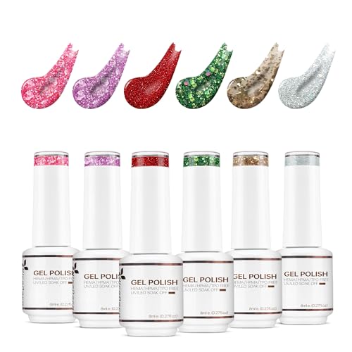 Nicedeco UV Gel Nagellack Set 8ml 6 Farben Soak Off Gel Nagellack Glitzer Rosa Lila Rot Grün Gold Silber Gellack LED UV Sparkle Glitter Gel Nail Polish Set von Nicedeco