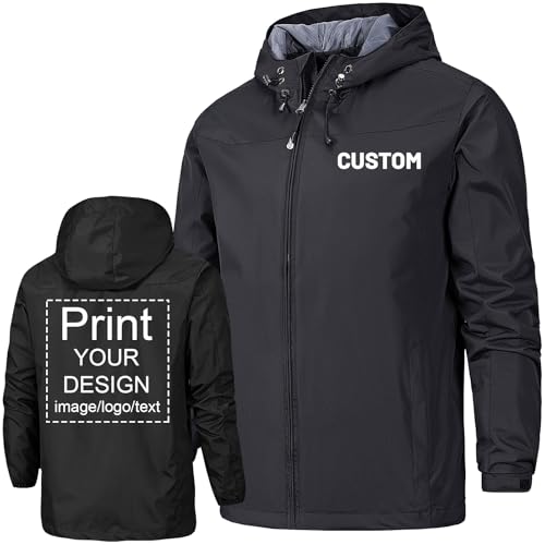 Nicevhljac Personalisierte wasserdichte Herrenjacke, personalisierbar, für den Außenbereich, leichter Regenmantel mit jedem Text-Logo, Foto, Schwarz , XL von Nicevhljac