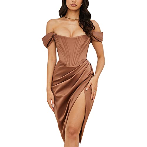 Damen Schulterfreies Sexy Split Korsett Satin Kleid Trägerlos Einfarbig Bodycon Kleid Party Nachtclub Schlauchkleid, braun, X-Large von Niceyoeuk