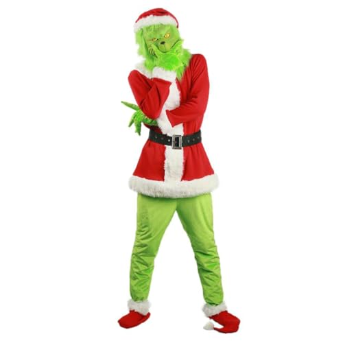 Niceyoeuk Christmas Green Monster Costume How The Green Monster Stole Christmas 7PCS Costume Set with Mask Halloween Xmas Funny Cosplay Costume Props (Red, M) von Niceyoeuk