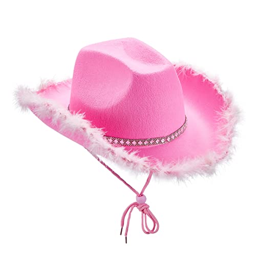 Niceyoeuk Cowgirl-Hut, Cowboyhüte für Damen, flauschige Federkrempe, Cowboyhut für Urlaub, Kostümparty, Spielverkleidung, Halloween, Cosplay (rosa Hut mit Strasssteinen, Einheitsgröße) von Niceyoeuk