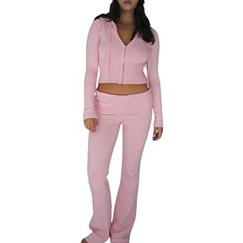 Niceyoeuk Damen Y2k Rippstrick 2 Stück Outfits Langarm Reißverschluss Up Slim Fit Kapuze Crop Tops Hohe Taille Lange Hosen Set Trainingsanzüge Loungewear, rose, 38 von Niceyoeuk