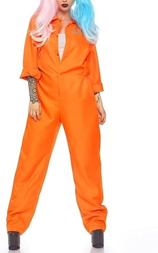 Niceyoeuk Gefängnis-Overall, Gefängniskostüm für Damen und Herren, Orange, langärmelig, entflochtenes Insassenkostüm, Halloween, Rollenspiel, Party-Outfits, Damen Orange, L von Niceyoeuk
