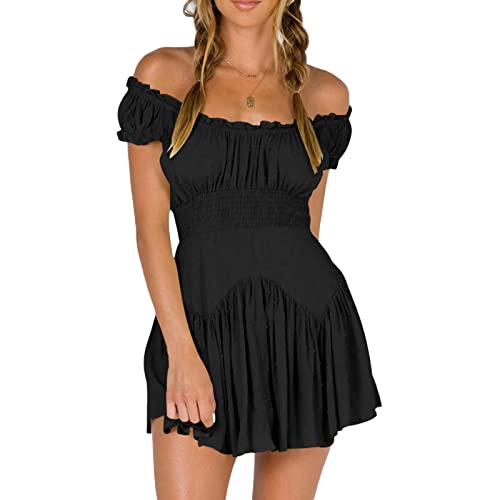 Niceyoeuk Schulterfreies Damenkleid aus Netzstoff, kurzes Kleid, unregelmäßiges Rüschenkleid, Schnürung, lange Puffärmel, Swing Kleid ohne Bustier, B-schwarz, X-Large von Niceyoeuk