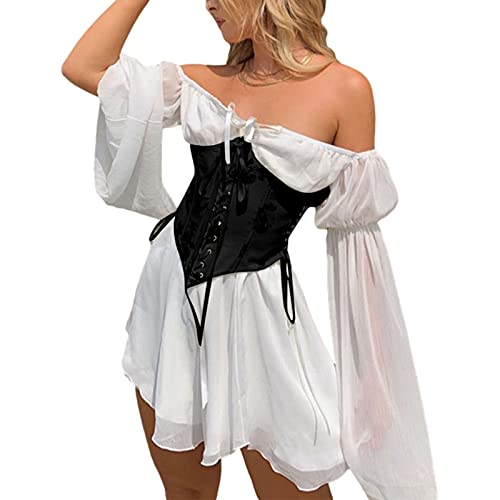 Niceyoeuk Schulterfreies Damenkleid aus Netzstoff, kurzes Kleid, unregelmäßiges Rüschenkleid, Schnürung, lange Puffärmel, Swing Kleid ohne Bustier, C-White Dress + schwarzes Korsett, Small von Niceyoeuk