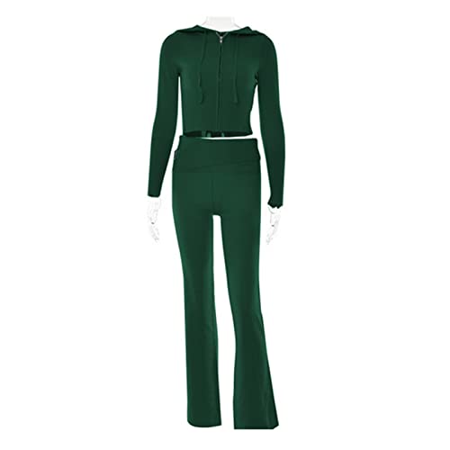 Niceyoeuk Y2k Damen Geripptes Strick-Outfit Langarm Reißverschluss Slim Fit Kapuze Crop Tops Hohe Taille Lange Hosen Set Trainingsanzüge Loungewear, Daek Green, 42 von Niceyoeuk