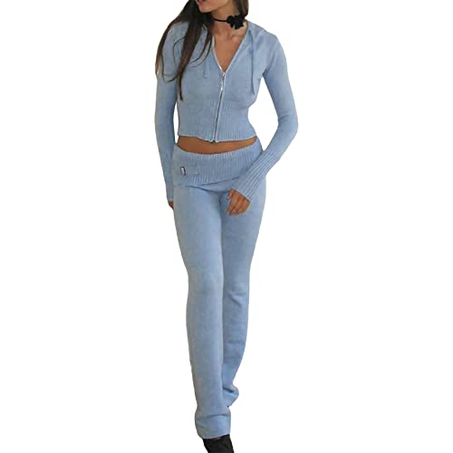 Niceyoeuk Y2k Damen Geripptes Strick-Outfit Langarm Reißverschluss Slim Fit Kapuze Crop Tops Hohe Taille Lange Hosen Set Trainingsanzüge Loungewear, blau, 42 von Niceyoeuk
