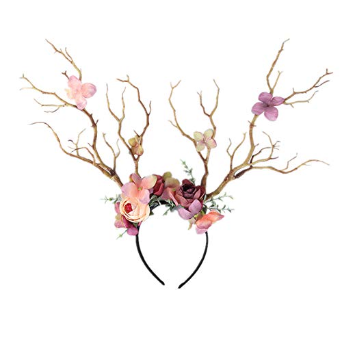 Women Elk Antlers Headband Christmas Deer Antlers Hairpin Headband Cute Hair Hoop with Flowers Headpiece Headware for Carnival Party (Brown, One Size) von Niceyoeuk