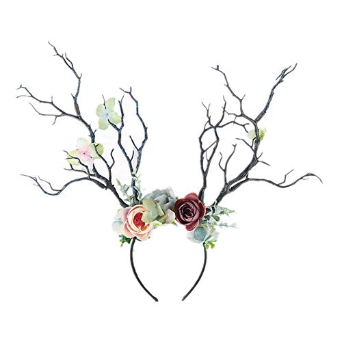 Women Elk Antlers Headband Christmas Deer Antlers Hairpin Headband Cute Hair Hoop with Flowers Headpiece Headware for Carnival Party (Navy blue, One Size) von Niceyoeuk