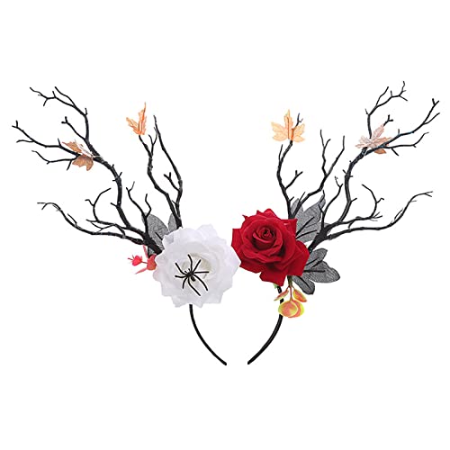 Women Elk Antlers Headband Christmas Deer Antlers Hairpin Headband Cute Hair Hoop with Flowers Headpiece Headware for Carnival Party (White Red, One Size) von Niceyoeuk