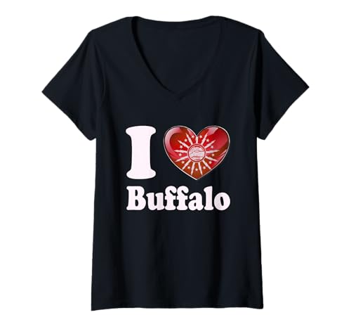 Damen I Love Buffalo Heart 716 Minimalistische lokale Seelenflagge Emblem T-Shirt mit V-Ausschnitt von Nickel City Tailgate Gear