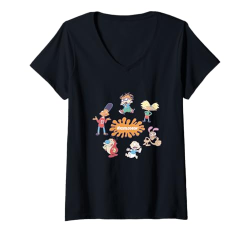 Damen Nickelodeon 90s Icons Pastel Splash Retro Character Lineup T-Shirt mit V-Ausschnitt von Nickelodeon