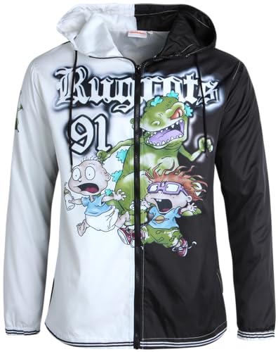 Nickelodeon Herren Jacke Leichte Kapuze Windbreaker Mantel Vintage Neuheit Streetwear für Männer SpongeBob Rugrats (S-XL), Rugrats Schwarz, M von Nickelodeon