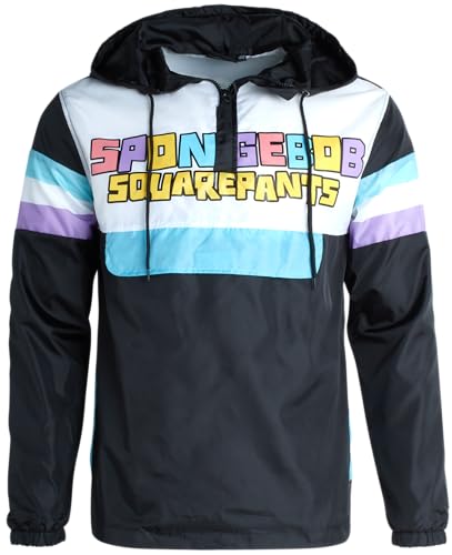 Nickelodeon Herren Jacke Leichte Kapuze Windbreaker Mantel Vintage Neuheit Streetwear für Männer SpongeBob Rugrats (S-XL), Schwamm Schwarz, XL von Nickelodeon