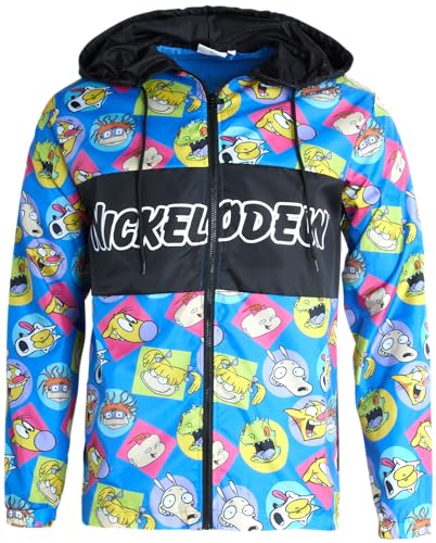 Nickelodeon Herren Jacke Leichte Kapuze Windbreaker Mantel Vintage Neuheit Streetwear für Männer SpongeBob Rugrats (S-XL), blau/schwarz, L von Nickelodeon