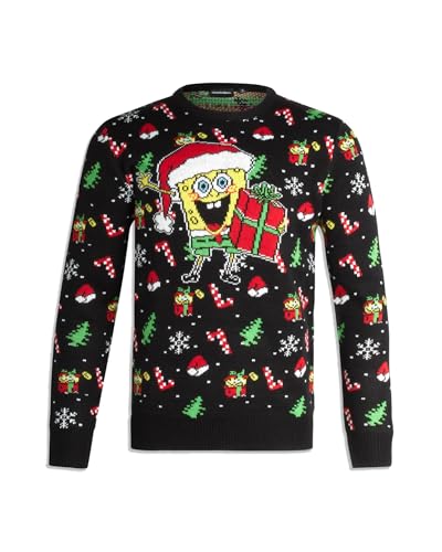 Nickelodeon Herren Ugly Christmas Sweater Spongebob Rugrats Crewneck Pullover Neuheit Urlaub Pullover für Männer Größen S-XL, Spongebob Schwarz, Groß von Nickelodeon