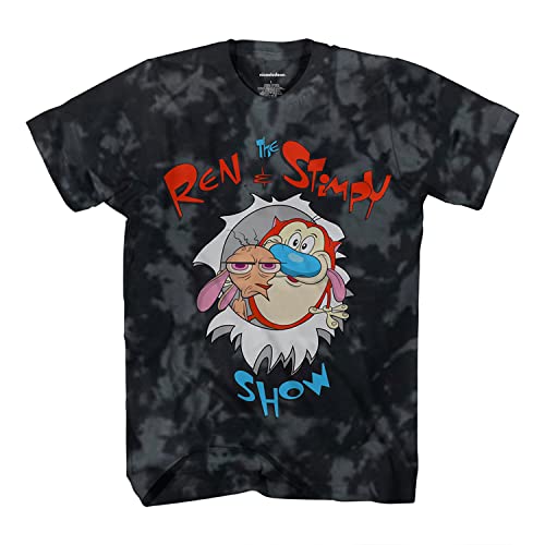 Nickelodeon Klassisches Herren-Hemd der 90er-Jahre, Tie Dye Ren & Stimpy Show – Vintage-Throwback-Ren und Stimpy Tie Dye T-Shirt, Farbe: Schwarz, L von Nickelodeon