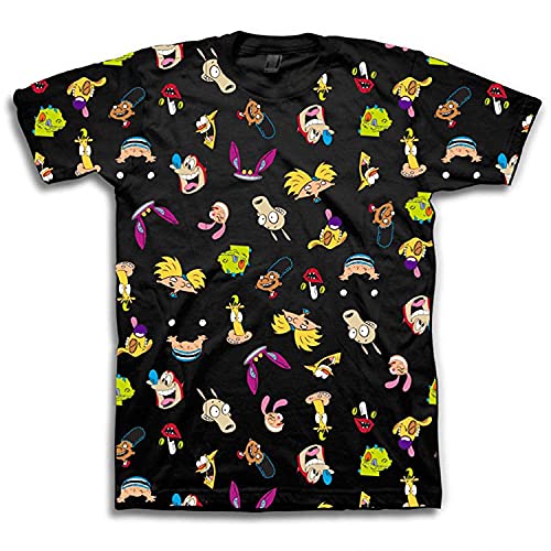 Nickelodeon Mens 90's Classic Shirt - Rugrats, Invader Zim, Ren & Stimpy, and Hey Arnold Vintage T-Shirt (Black Allover, X-Large) von Nickelodeon