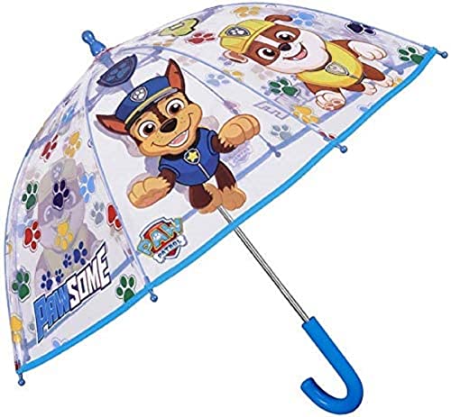 Nickelodeon Transparenter Paw Patrol Regenschirm für Kinder, blauer Stockschirm für Jungen – Marshall Chase und Rubble Print – winddichte Kuppelbrolly mit Sicherheitsöffnung 65 cm, blau, 65 von Nickelodeon
