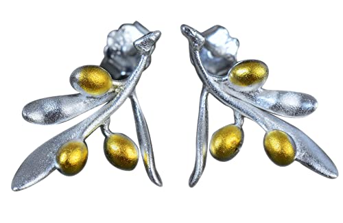 NicoWerk Damen Silber Ohrringe Olivenzweig aus 925 Sterling Silber Floral Matt Golden Ausgefallen Verspielt SOR444 von NicoWerk