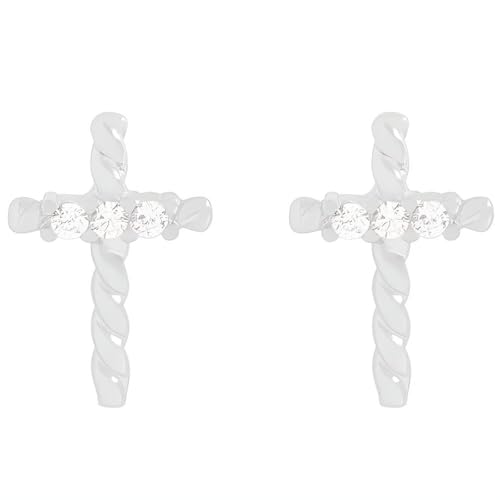 NicoWerk Damen Silber Ohrstecker Kreuz aus 925 Sterling Silber mit Stein Struktur Glänzend Glatt Geflochten Filigran Zirkonia Schmal SOS595 von NicoWerk