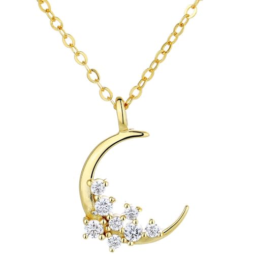 NicoWerk Damen Silberkette Mond aus 925 Sterling Silber Filigran Ausgefallen Verspielt Glatt mit Stein Glänzend Vergoldet Rund Halbkreis SKE753 von NicoWerk