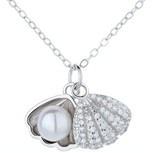NicoWerk Damen Silberkette Muschel aus 925 Sterling Silber Filigran Ausgefallen Verspielt Glatt mit Stein Struktur Glänzend Perle SKE755 von NicoWerk