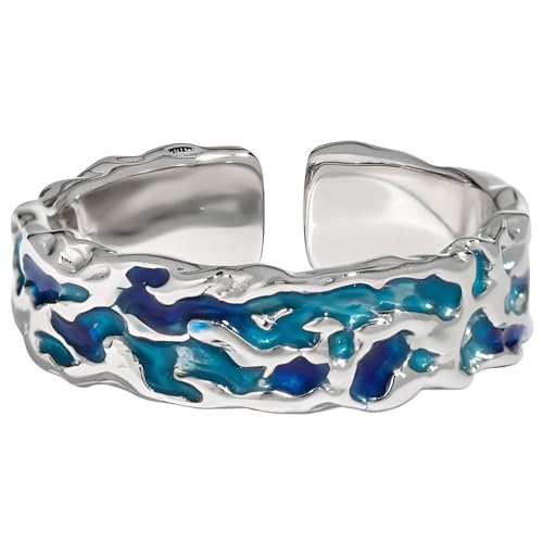 NicoWerk Damen Silberring Blau aus 925 Sterling Silber Bandring Strukturiert Gemustert Glänzend Ausgefallen Emaille Mosaik Verstellbar SRI972 von NicoWerk