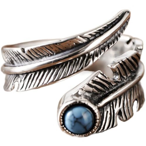 NicoWerk Damen Silberring Feder aus 925 Sterling Silber Glänzend mit Stein Blau Struktur Vintage Geschwärzt Breit Ausgefallen Gewickelt SRI1027 von NicoWerk