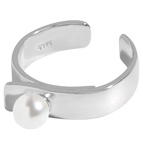 NicoWerk Ring Silber 925 Damen - Verstellbarer Silberring mit Perle, Glänzend und Elegant, Schmaler Bandring 925 Silber für Frauen - SRI1020 von NicoWerk