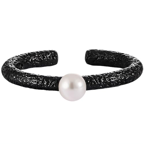 NicoWerk Damen Silberring Perle aus 925 Sterling Silber Schmal Rustikal Ausgefallen Wuchtig Matt mit Struktur Geschwärzt Verstellbar Offen SRI1086 von NicoWerk