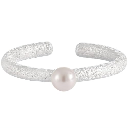 NicoWerk Damen Silberring Perle aus 925 Sterling Silber Schmal Rustikal Ausgefallen Wuchtig Matt mit Struktur Verstellbar Offen SRI1087 von NicoWerk