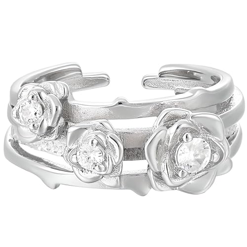 NicoWerk Damen Silberring Rose aus 925 Sterling Silber Blume Gewickelt Glänzend mit Stein Breit Verspielt Applikation Struktur Verstellbar SRI996 von NicoWerk