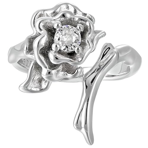 NicoWerk Damen Silberring Rose aus 925 Sterling Silber Blume Glänzend mit Stein Filigran Verspielt Glatt Verstellbar Offen SRI997 von NicoWerk