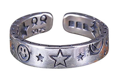 NicoWerk Damen Silberring Stern aus 925 Sterling Silber Schmal Glatt Geschwärzt Strichgesicht Smiley Verstellbar Offen SRI577 von NicoWerk