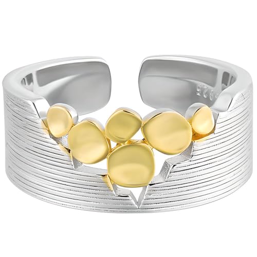 NicoWerk Damen Silberring cut out aus 925 Sterling Silber Vergoldet mit Struktur Glänzend Breit Kreis Verstellbar Offen SRI995 von NicoWerk