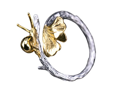 NicoWerk Damen Silberring aus 925 Sterling Silber - Verstellbar mit vergoldeter Schnecke und Ginkgoblatt - Edler Damenring – Geschenkbox - SRI259 von NicoWerk