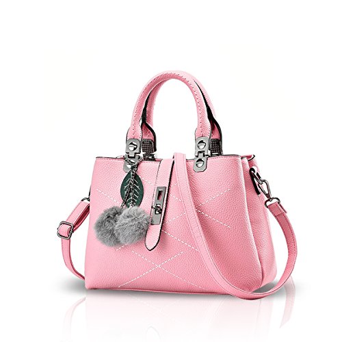 NICOLE & DORIS 2024 Neue Frauen Tasche Damen Leder Handtasche Mode Umhängetasche Mit Pompon abnehmbarem Schultergurt Handtasche Rosa von NICOLE & DORIS