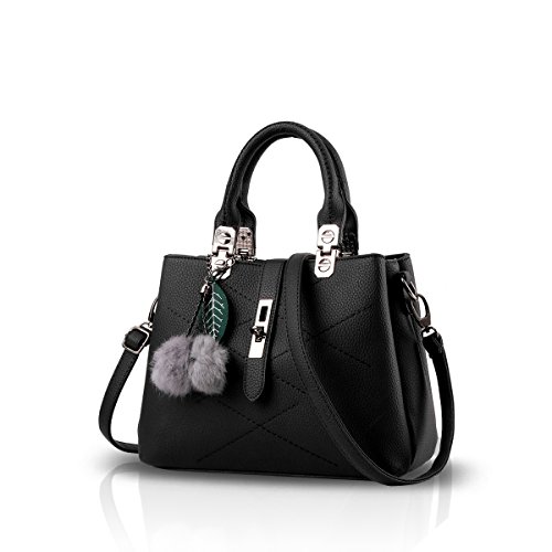 NICOLE & DORIS 2024 Neue Frauen tasche Damen Leder Handtasche Mode Umhängetasche Mit Pompon abnehmbarem Schultergurt handtasche Schwarz von NICOLE & DORIS