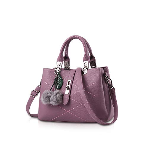 NICOLE & DORIS 2024 Neue Frauen Tasche Damen Leder Handtasche Mode Umhängetasche Mit Pompon abnehmbarem Schultergurt Handtasche Dunkelviolett von NICOLE & DORIS