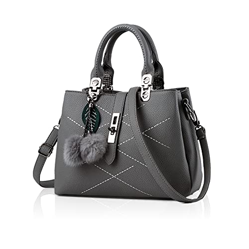 Nicole & Doris 2024 Neue Frauen Tasche Damen Leder Handtasche Mode Umhängetasche Mit Pompon abnehmbarem Schultergurt Handtasche Grau von NICOLE & DORIS