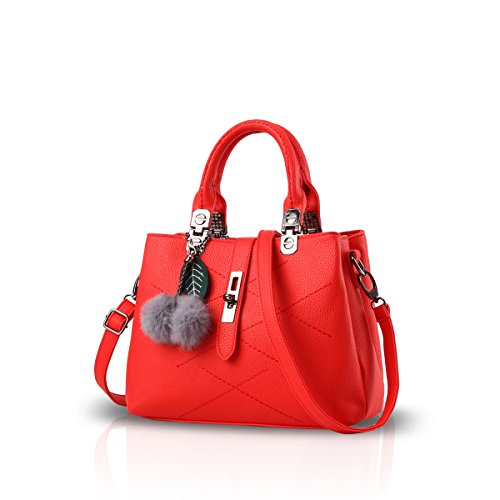 NICOLE & DORIS 2024 Neue Frauen Tasche Damen Leder Handtasche Mode Umhängetasche Mit Pompon abnehmbarem Schultergurt Handtasche Scharlachrot von NICOLE & DORIS