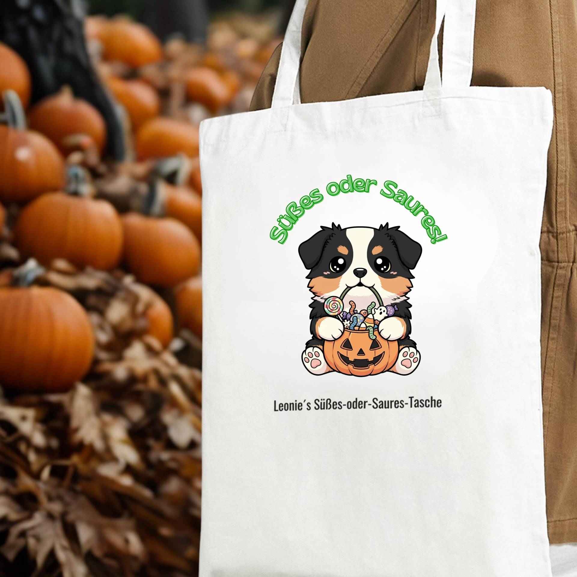 Halloween Stofftasche Aussie Black Tri | Australian Shepherd Tasche Süßes Oder Saures Personalisierbar Mit Namen von NicolesAussieLove