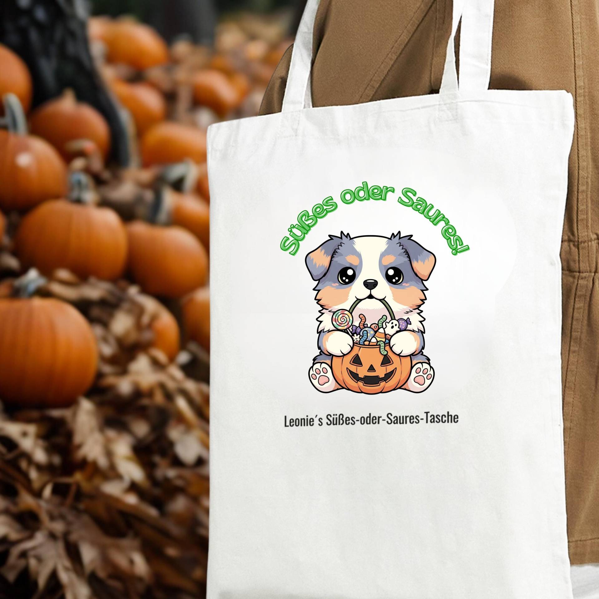 Halloween Stofftasche Aussie Blue Merle | Australian Shepherd Tasche Süßes Oder Saures Personalisierbar Mit Namen von NicolesAussieLove