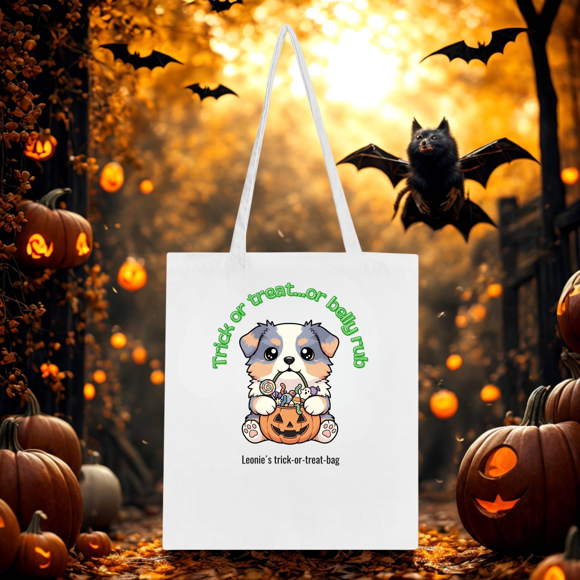 Halloween Tote Bag | Australian Shepherd Blue Merle Aussie Mom Gift Personalization For Kids Custom Halloween von NicolesAussieLove